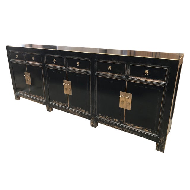Distressed Antique Black 95" Long Sideboard Buffet Table For Sale - Image 4 of 8