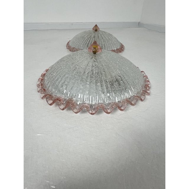 Set of 2 Murano glass ceiling lights, 1980s Each has two E27 lamps. Glasses intact. Metal structures. Found in an...