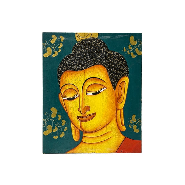 Asian Vintage HandPainted Artistic Buddha Head Wood Plaque Art For Sale - Image 3 of 6