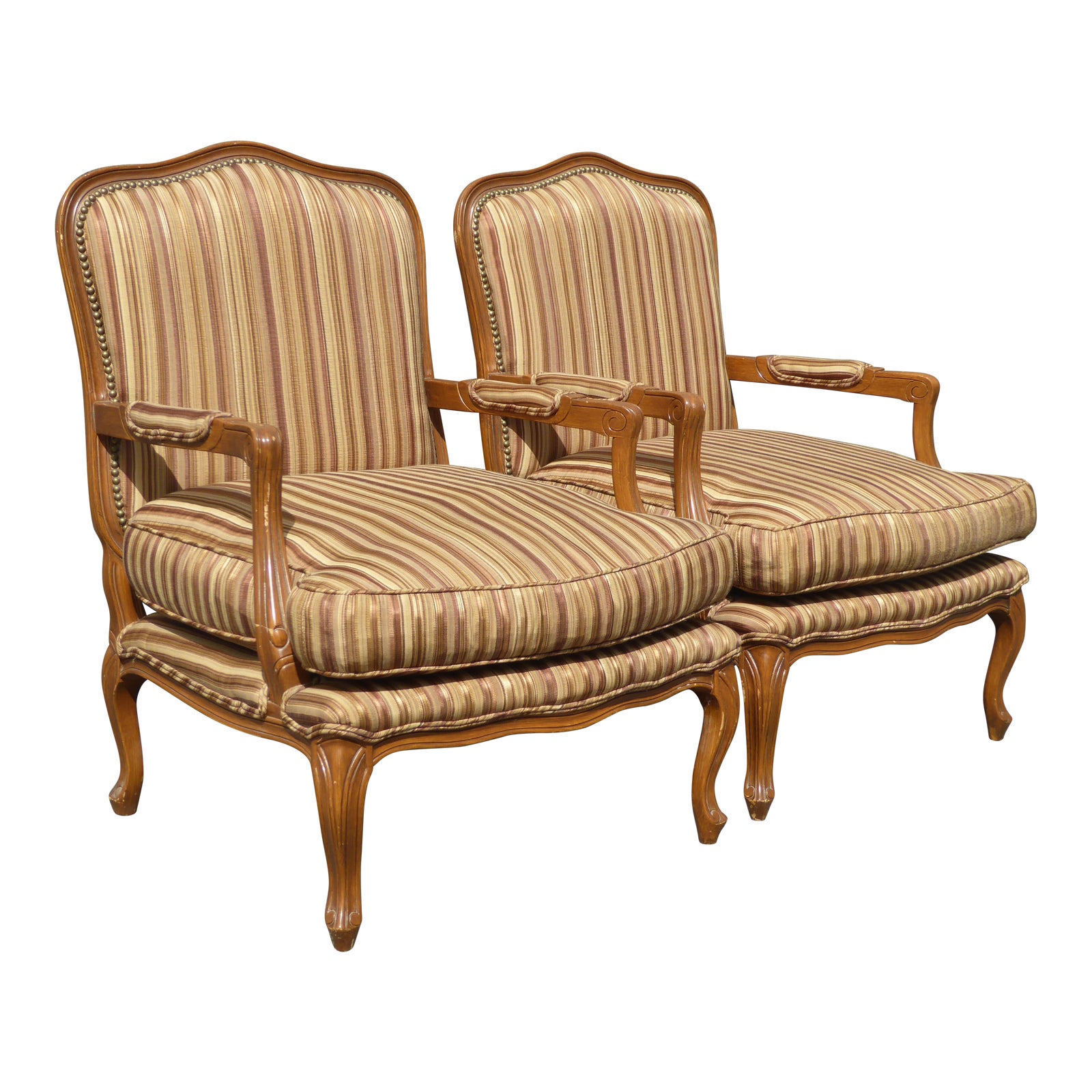 Vintage French Country Brown Stripped Accent Chairs With Down Cushions