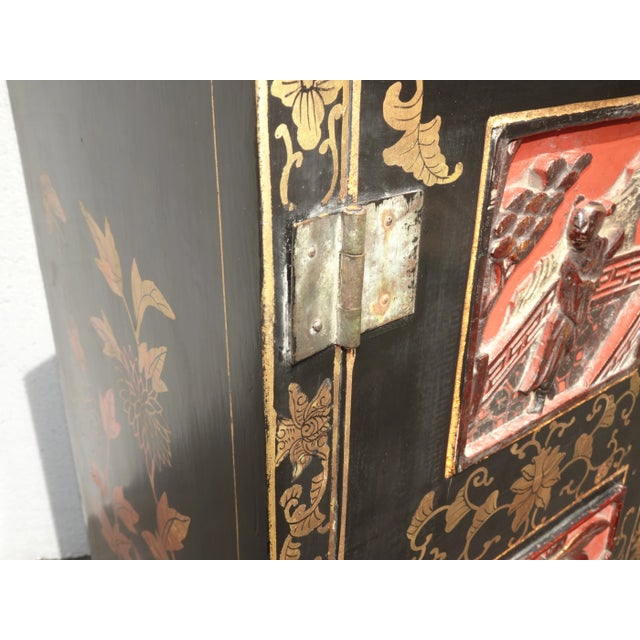 Vintage Chinese Asian Black & Red Hand Painted Lacquer Cabinet Side Table For Sale - Image 10 of 12