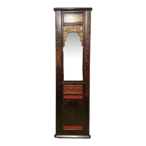 Large Antique Chinoiserie Lacquer Wood Panel With Mirror 78.5" H