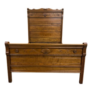 Antique Full Size Victorian Eastlake Carved Oak High Back Bed For Sale