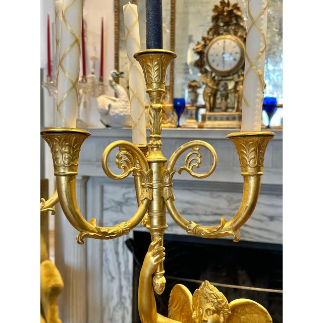 Gold Pair of 19th Century Swedish Empire Ormolu and Marble Winged Victory Candelabra For Sale - Image 8 of 10