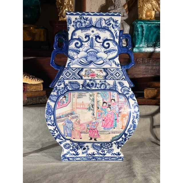 Vintage Blue and White Porcelain Vase With Hand Painted Court Scene For Sale - Image 9 of 11