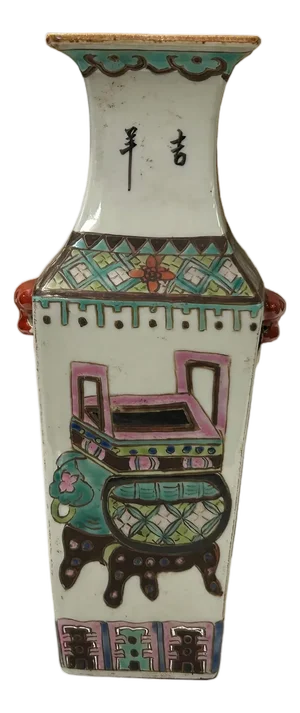 Chinese White Canton Famille Mille Graphic Square Porcelain Vase