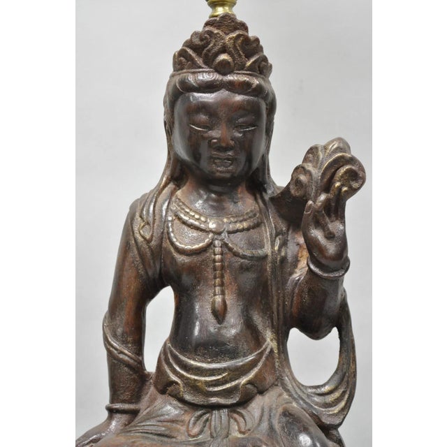 Vintage Buddhist Kuan Yin Brown Ceramic Sculpture Figure Table Lamp W/ Shade For Sale - Image 9 of 18