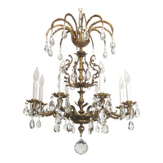 Antique Shimmering Sumptuous Stately Brass Cut Lead Glass Crystal Chandelier For Sale