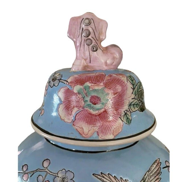 Vintage Chinese Hand Painted Blue Ginger Jar With Foo Dog Lid - 16” Tall For Sale - Image 10 of 12