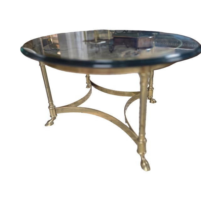 Vintage Brass & Beveled Glass Oval Coffee Table With Hoof Feet For Sale - Image 11 of 12
