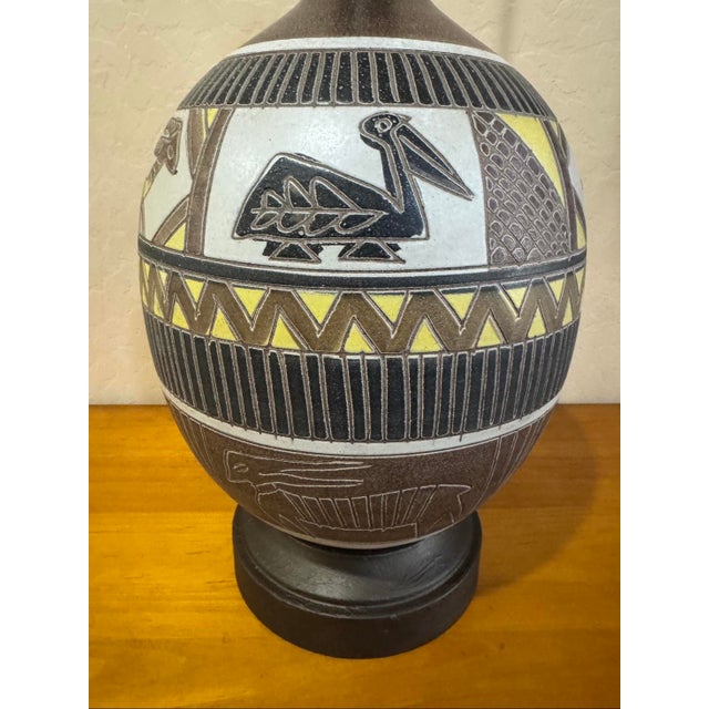 Mid 20th Century Sgraffito Pottery Lamp Folk Art Style Birds Antelope For Sale In Phoenix - Image 6 of 12