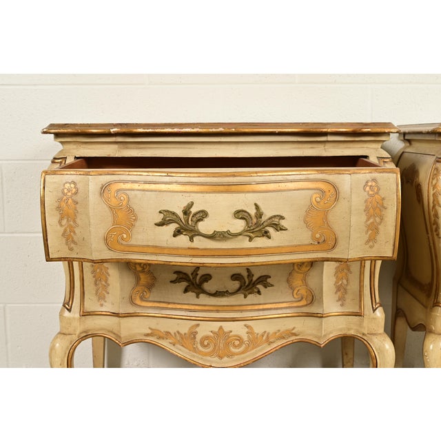 Wood John Widdicomb Italian Rococo Louis XV Cream Lacquered and Gold Gilt Bedside Chests, Pair For Sale - Image 7 of 16