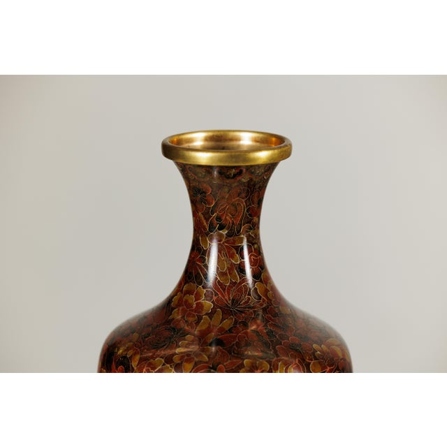 Cloisonné Vases with Warm Reddish Brown Ground and Floral Decoration - A Pair For Sale - Image 10 of 18