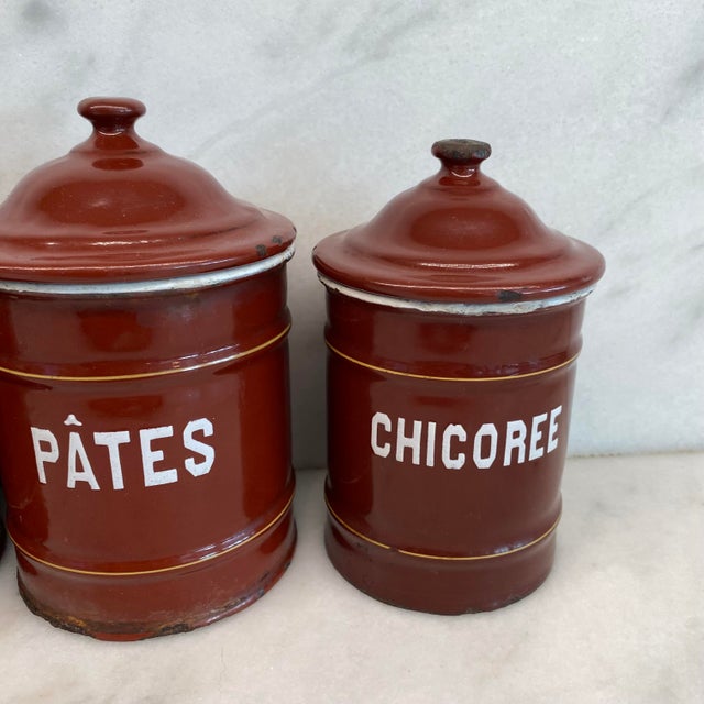 Paint Set of Five French Reddish Brown Enamel Kitchen Canisters With Original Lids For Sale - Image 7 of 18