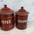 Paint Set of Five French Reddish Brown Enamel Kitchen Canisters With Original Lids For Sale - Image 7 of 18