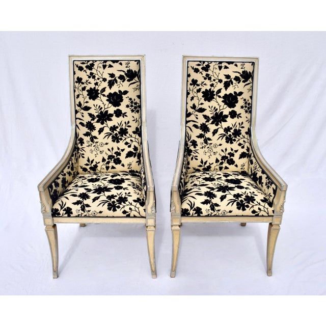 Classic French Directoire style swag arm chairs with Sliver leaf accents in fine cut velvet on linen ground upholstery....
