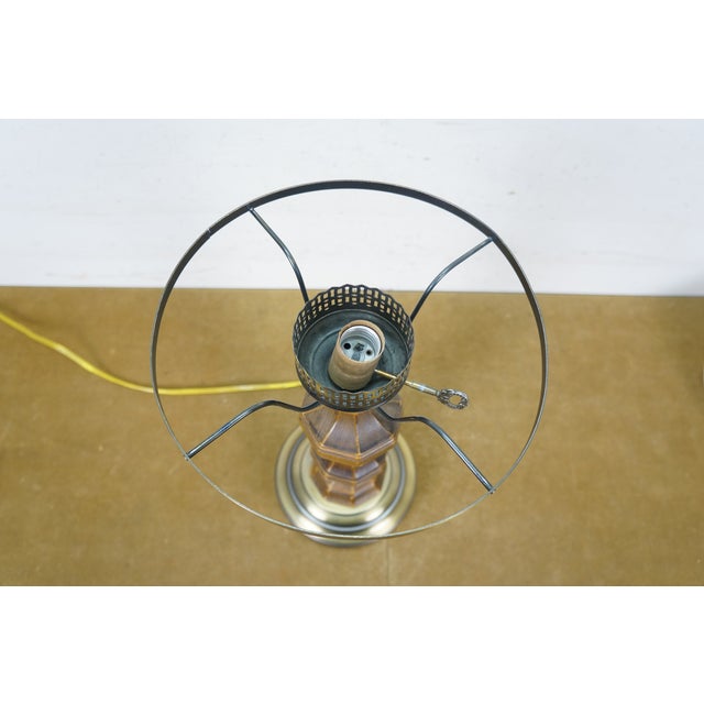 Brown Vintage Pee Gee Milk Glass Shade Brass Wood Sinumbra Faux Oil Table Lamp 26" For Sale - Image 8 of 15