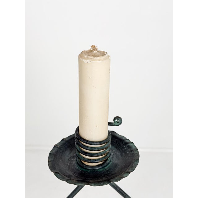 Bjerkås Armatur Floor Candlestick in Green-Patinated Wrought Iron, Sweden, 1940s A striking and highly decorative floor...