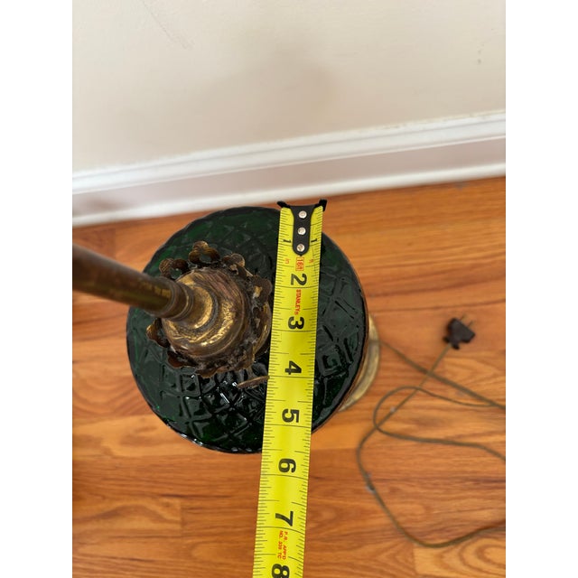 Metal Vintage Brass and Forest Green Glass Dual-Socket Banquet Lamp For Sale - Image 7 of 10