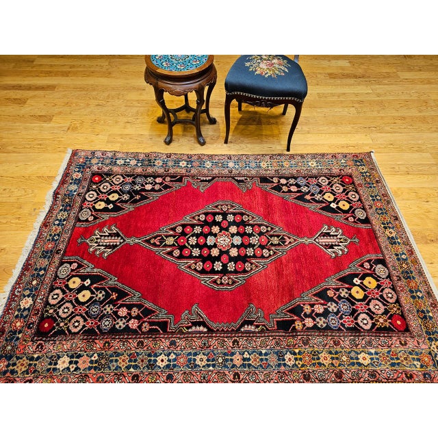 Textile Vintage Persian Mazgalan Area Rug, Hand-Knotted Wool, Geometric Pattern, 5x7, Red & Navy For Sale - Image 7 of 18