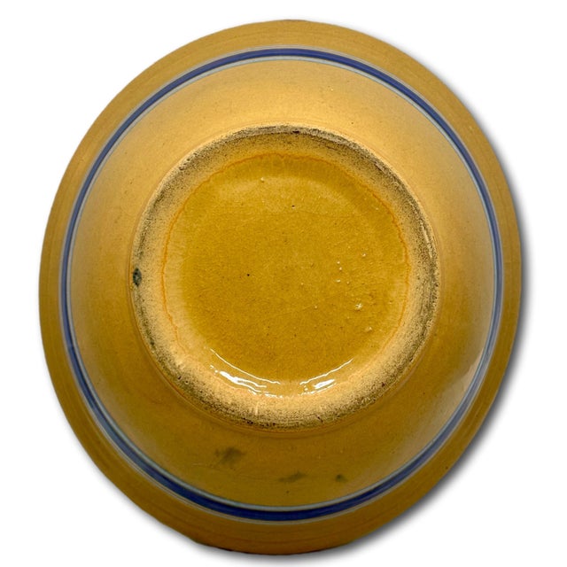 Antique Thick Yellow Ware 12 Inch Kitchen Mixing Bowl With Unusual 2 Color Blue Banded Decoration - Late 1800s. For Sale - Image 12 of 18