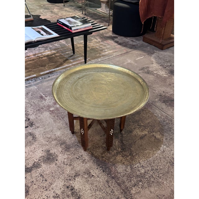 Antique Hand-Etched Brass Tray With Hand-Carved Walnut Wood Base and Mother-of-Pearl Inlay For Sale - Image 4 of 10