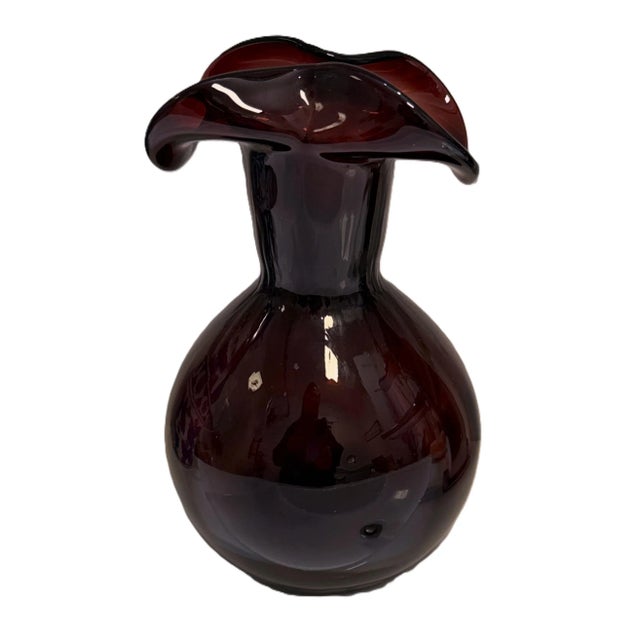 Blenko Hand‑Blown Amethyst Art Glass Vase With Ruffled Rim For Sale - Image 4 of 8