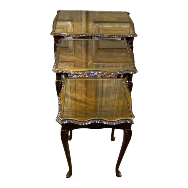 Vintage Walnut Glass Top Nesting Tables - Set of 3 | Chairish