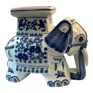 Vintage Blue and White Ceramic Elephant Garden Plant Stand For Sale