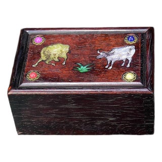 Vintage Chinese Zitan Wood Box With Mother of Pearl & Gemstone Inlay - Twin Oxen Motif For Sale