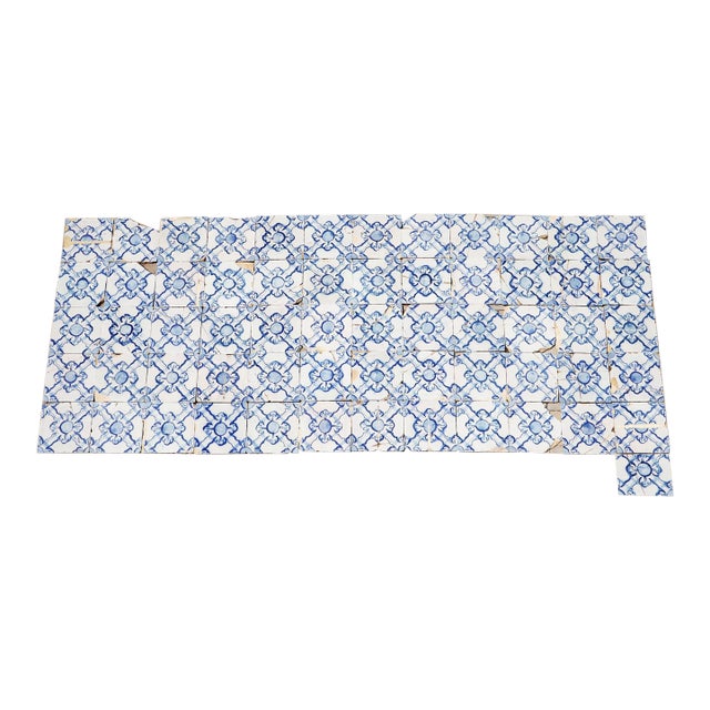 Antique 18th Century Portuguese Blue & White Tiles Set of 61 With Repeating Floral-Geometric Pattern For Sale