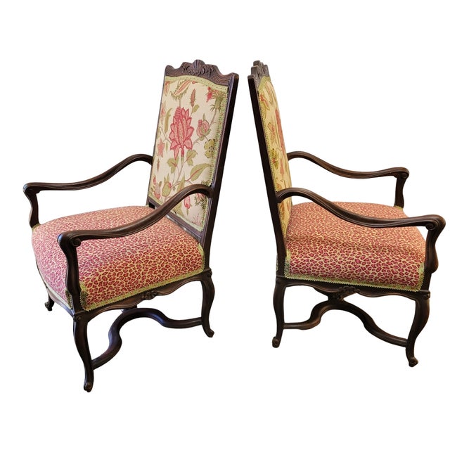 French Country Antique French Louis XV Style Carved Walnut Fauteuil Armchairs, Tree of Life and Leopard Upholstery – Pair For Sale - Image 3 of 10