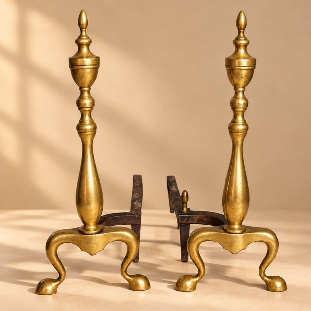 Metal Vintage Brass Federal Style Fireplace Andirons For Sale - Image 7 of 7