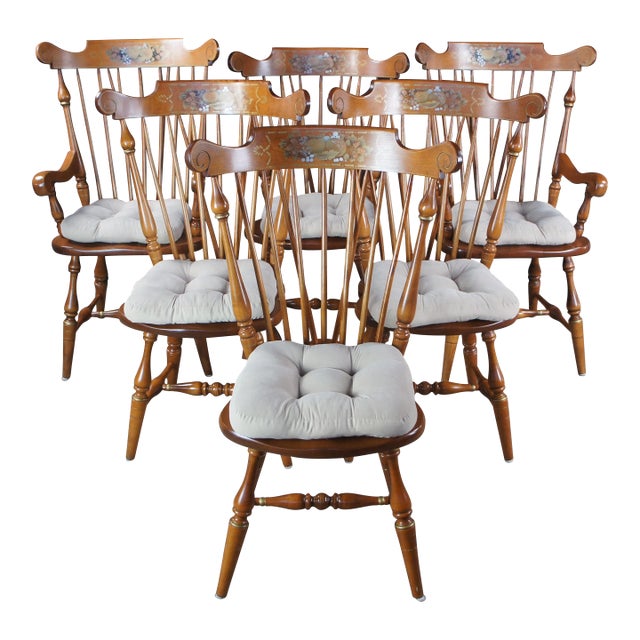 Late 20th Century 6 Ethan Allen Duxbury Maple Colonial Windsor Fiddleback Dining Chairs For Sale