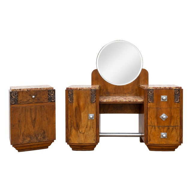 Art Deco Walnut Dressing Table Set with Marble Top and Bedside Table, 1930s, Set of 2 For Sale