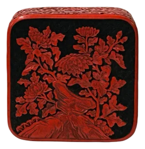 Handcrafted Vintage Chinese Red Lacquer Square Floral Accent Box