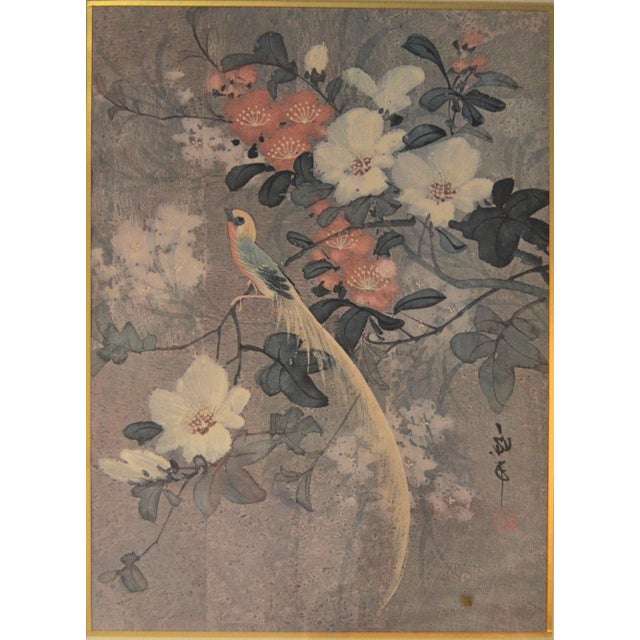 Chinoiserie Early 20th Century Signed 2 Matching Framed Asian Paintings Chinoiserie Hand Painted Bird Scene Gilt Faux Bamboo For Sale - Image 3 of 17