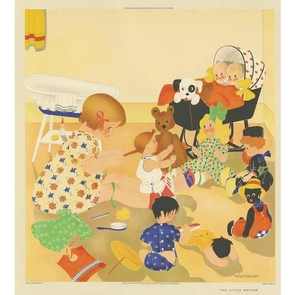Antique print titled 'The little Mother'. This print depicts a child playing with her dolls. Created by Willy Schermelé, a...