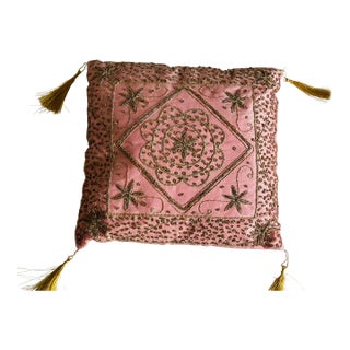 Gold Tread Embroidered Makaresh Pink Silk Pillow With Tassels For Sale