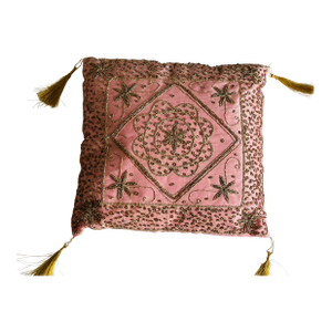 Gold Tread Embroidered Makaresh Pink Silk Pillow With Tassels