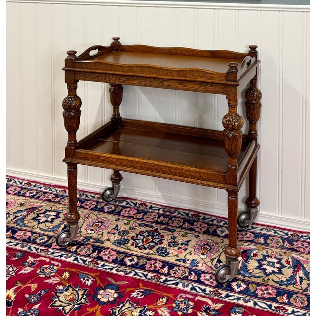 Wood Antique English Trolley Tea Cart Pastry Cocktail Bar Cart Tray Tudor Oak 1930s 1 For Sale - Image 7 of 18