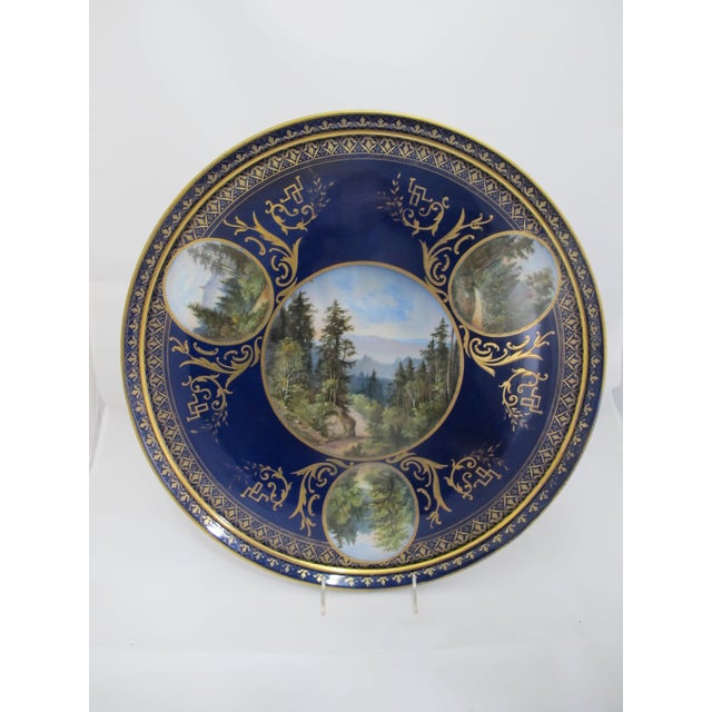 19th century, Carl Knoll Carlsbad Bohemian porcelain large round serving tray. Cobalt blue with ornate gilt accents and...