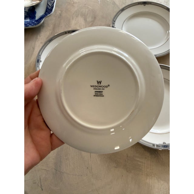 Dove Gray Late 20th Century Wedgwood Amherst Bone China Plates 6 Inch Dove Gray Greek Key Blue Floral England - Set of Five (5) For Sale - Image 8 of 12