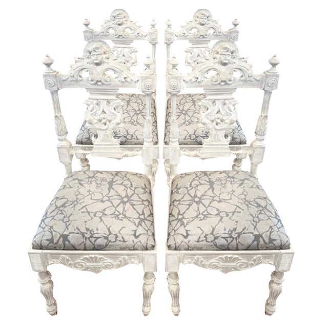 Vintage Carved and Lacquered Chairs, Set of 4 For Sale