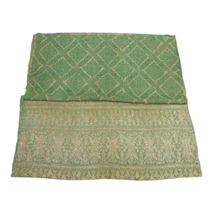 Antique Kelly Green and Gold Woven Silk Saree With Gold Metallic Threads Textile Fragments - Set of
