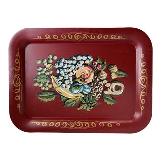 Vintage Hand-Painted Tole Tray With Fruit For Sale