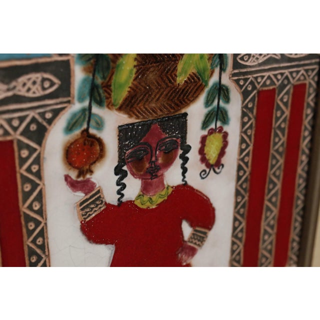 Awret Original Painted Ceramic Relief Tile Depicting Woman With Basket of Fruit, Signed and Framed For Sale - Image 4 of 17