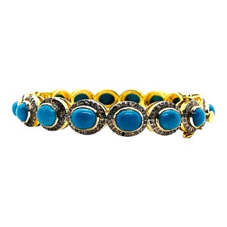 Bochic “Capri” Vintage Natural Diamond & Turquoise Bracelet Set In 18K & Silver For Sale