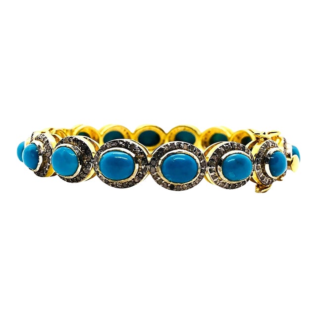 Bochic “Capri” Vintage Natural Diamond & Turquoise Bracelet Set In 18K & Silver For Sale
