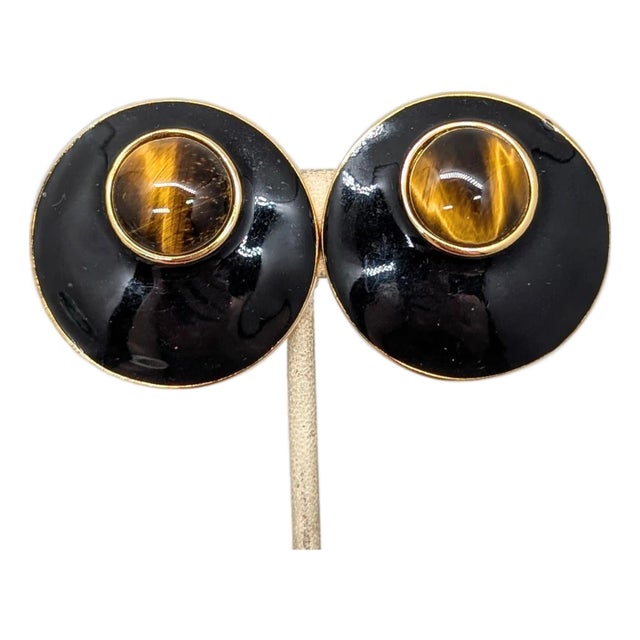 Vintage Signed Alexis Kirk Round Goldtone Black Enamel & Cabochon Faux-Tiger's Eye Clip Earrings-2 Pieces For Sale
